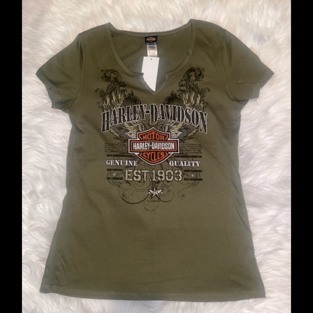 NWT HARLEY DAVIDSON LADIES NOTCHED NECK MILITARY TEE- MEDIUM